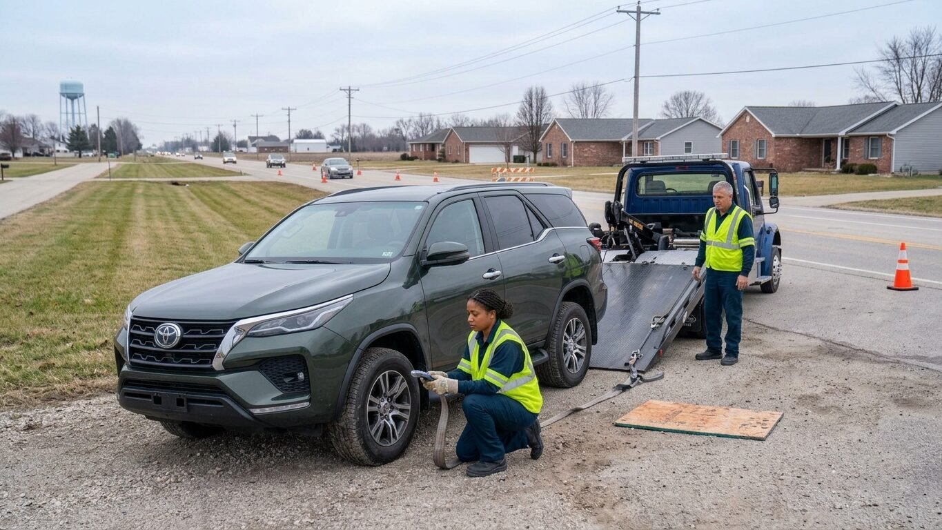 Light duty towing Park City IL technician securing an accident-damaged SUV with a wheel-lift tow truck