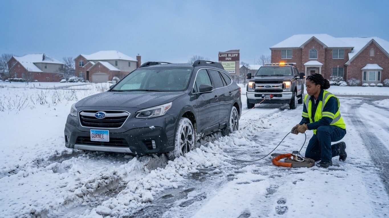 Winch out service Lake Bluff IL helping a crossover vehicle stuck in snow