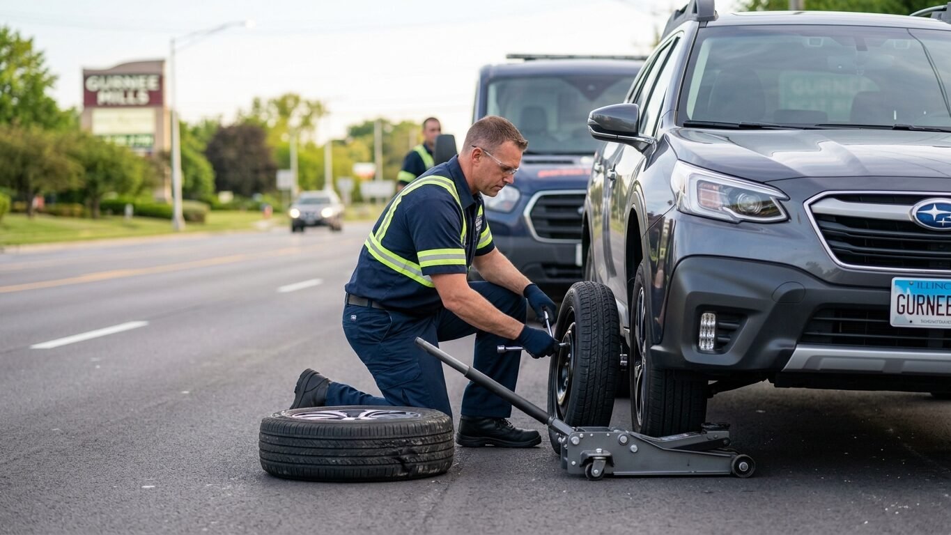 Flat tire change service Gurnee IL helping a driver with a roadside flat tire