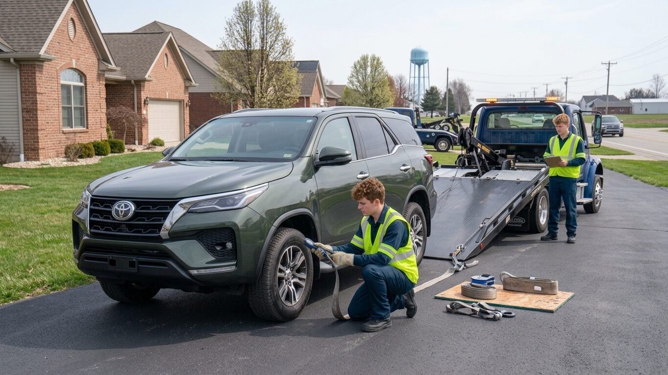 Light duty towing Park City IL professional inspecting a passenger vehicle before selecting safe towing equipment