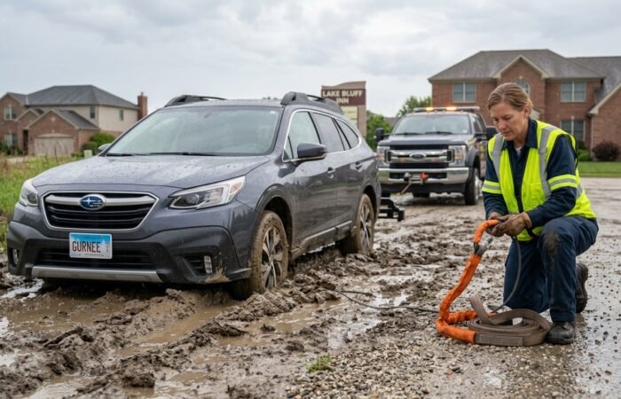 Winch out service Lake Bluff IL recovering SUV stuck in muddy roadside terrain