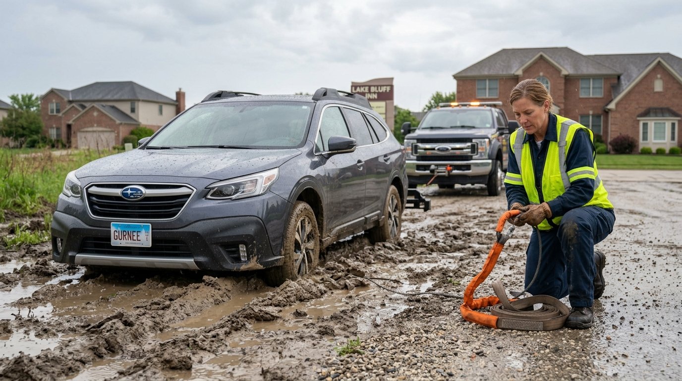 Winch out service Lake Bluff IL recovering SUV stuck in muddy roadside terrain