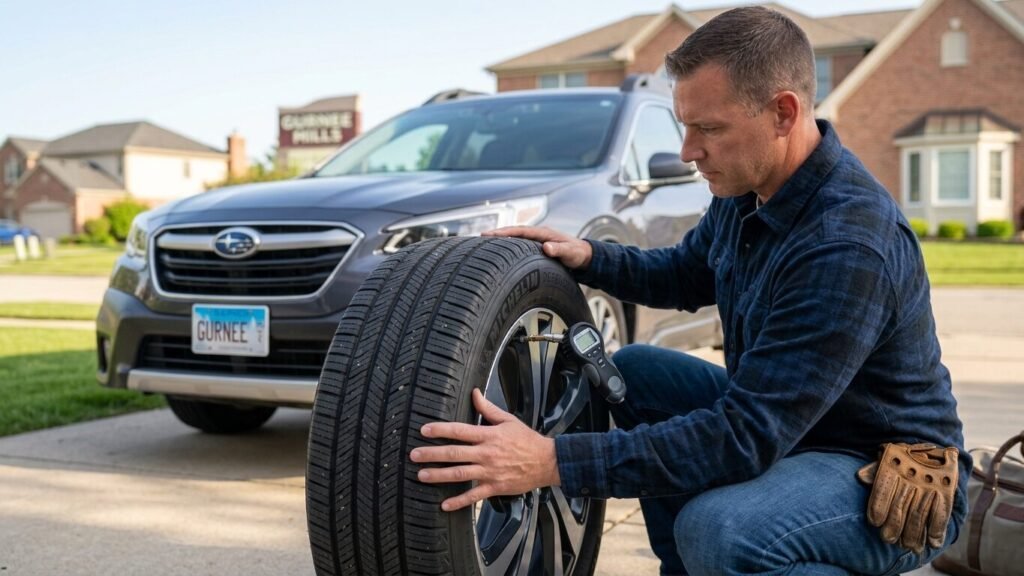 Flat tire change service Gurnee IL driver inspecting tire pressure and tread