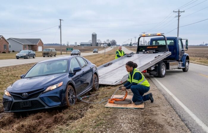 Light duty towing Park City IL service safely loading a stranded sedan onto a flatbed tow truck