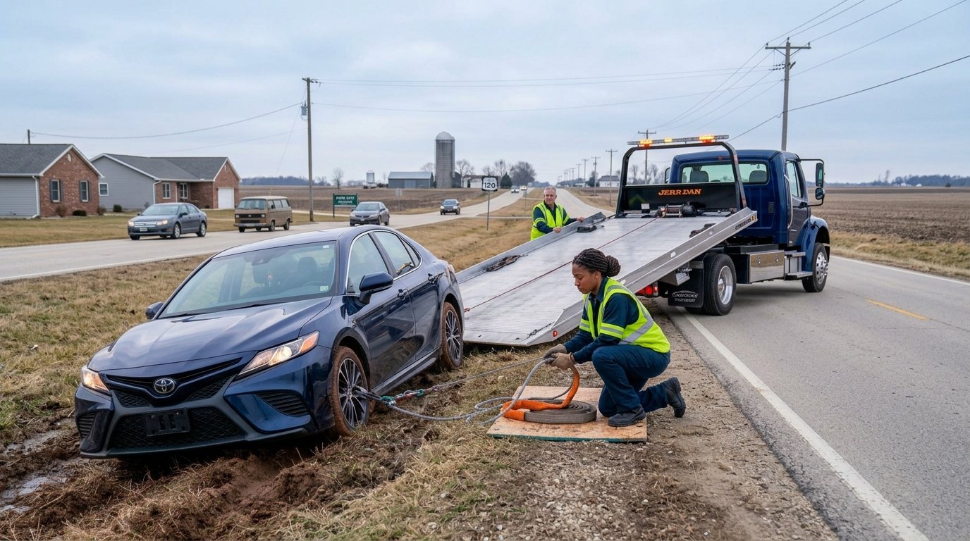 Light duty towing Park City IL service safely loading a stranded sedan onto a flatbed tow truck