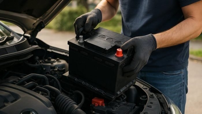 Driver receiving emergency jump start service for a dead car battery on a roadside in Waukegan, Illinois.