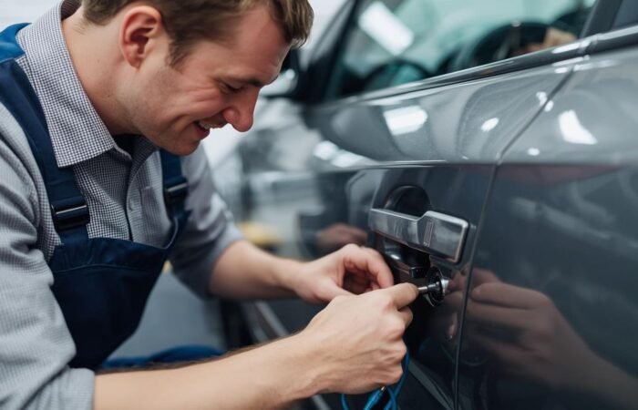 Professional locksmith unlocking a locked car door in Waukegan, IL
