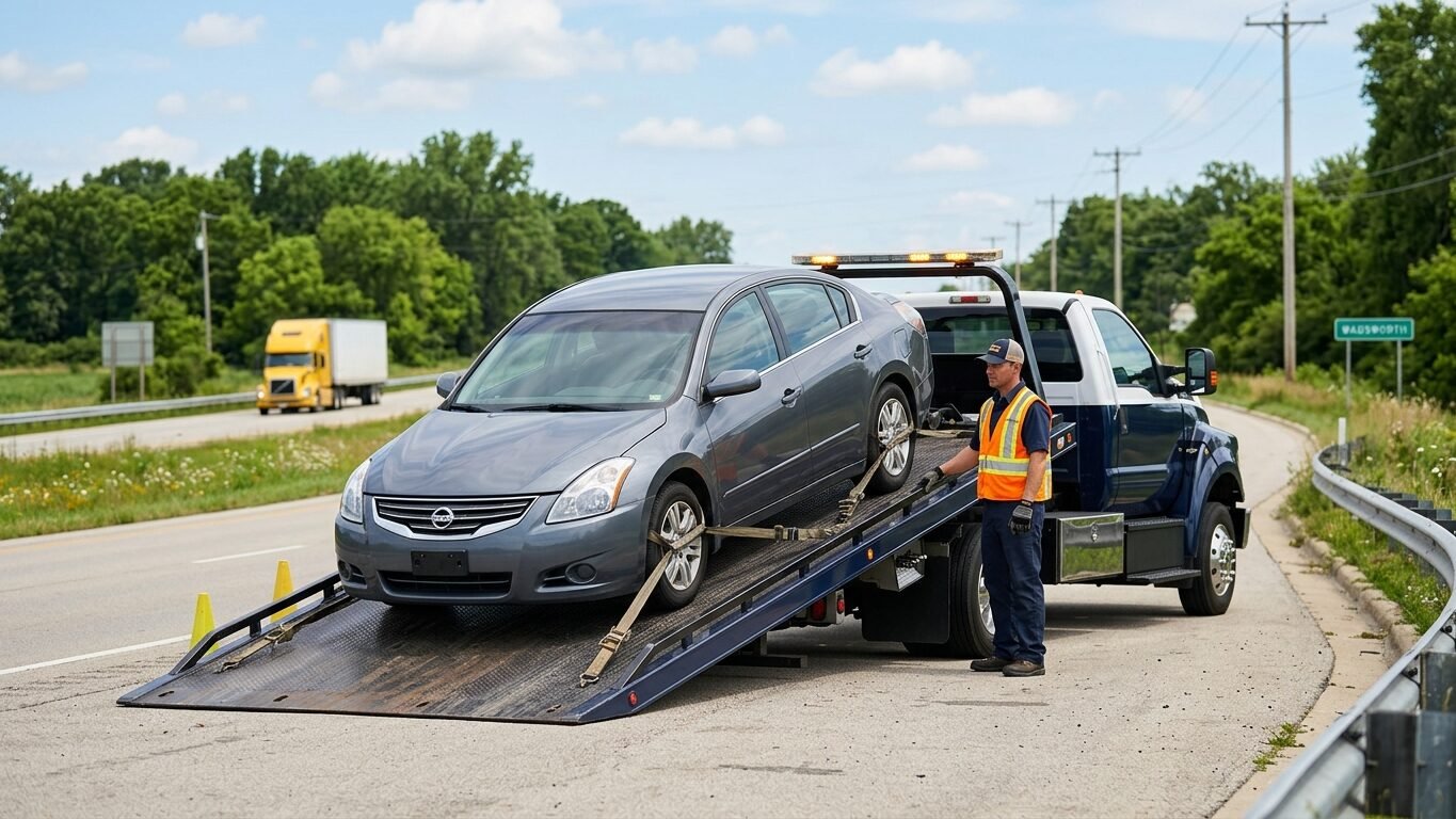 Roadside Tow Truck Wadsworth, IL transporting a broken-down car