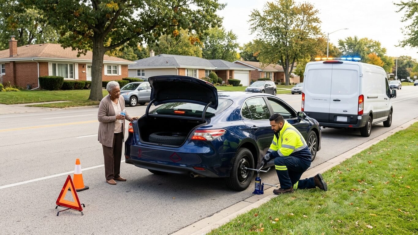Tow truck vs roadside assistance for flat tire help in Waukegan, IL