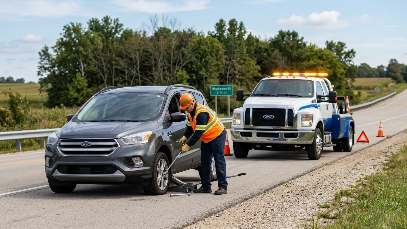 Roadside Tow Truck Wadsworth, IL providing flat tire assistance